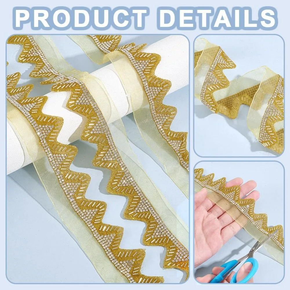 Rhinestone Glass Bead Lace Ribbon Goldenrod 41mm – 5 Yards Decorative Ribbon Trim Axl