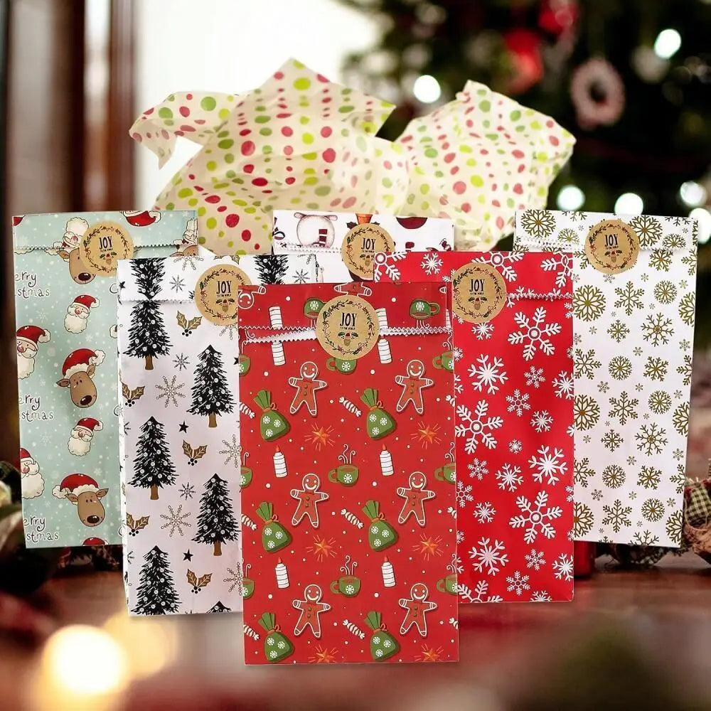 24-Pack Christmas Paper Gift Bags – 6 Designs & Stickers Christmas Gift Bags Axl