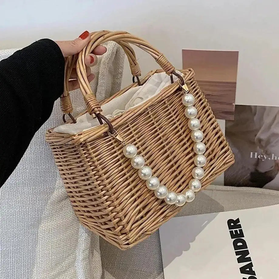 Women's Handmade Straw Woven Crossbody Bag – Floral Basket Purse Woven Crossbody Bag Axl