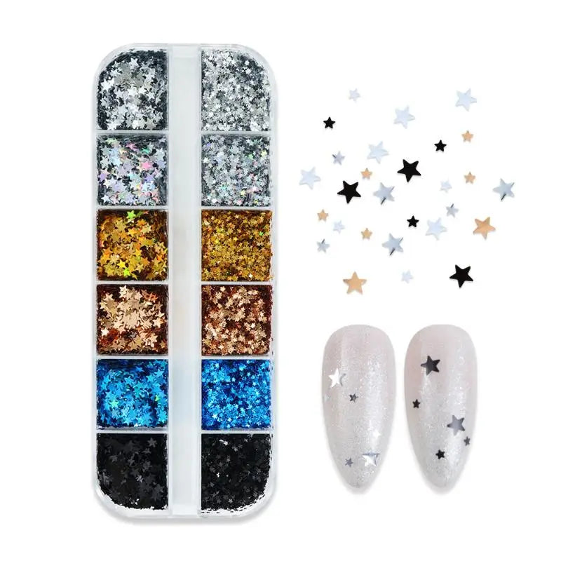 Laser Nail Glitter Set – Heart & Star 12-Color Holographic Nail Art Glitter Axl