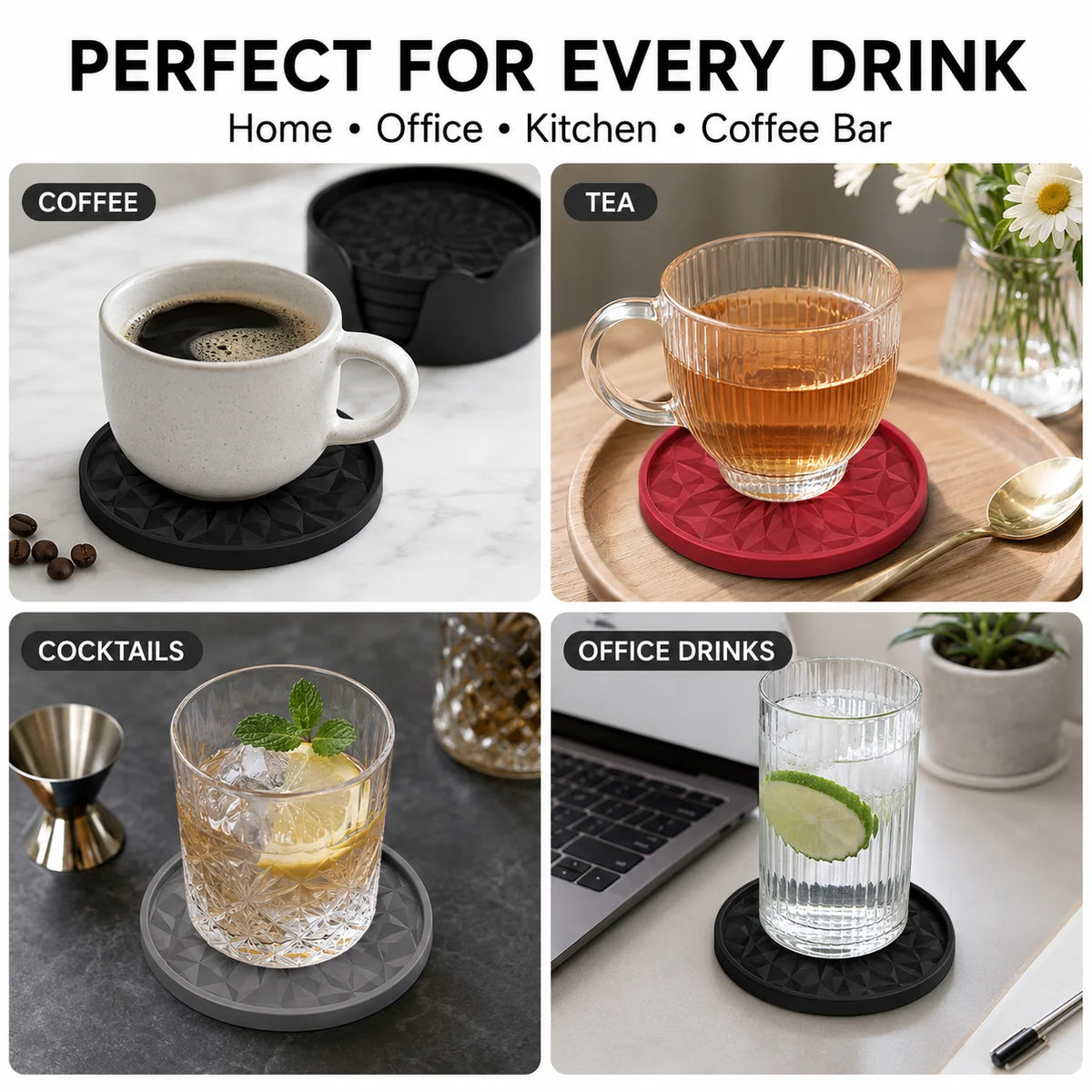 6-Piece Silicone Coasters with Holder – Non-Slip & Heat Safe Silicone Coaster Set Axl