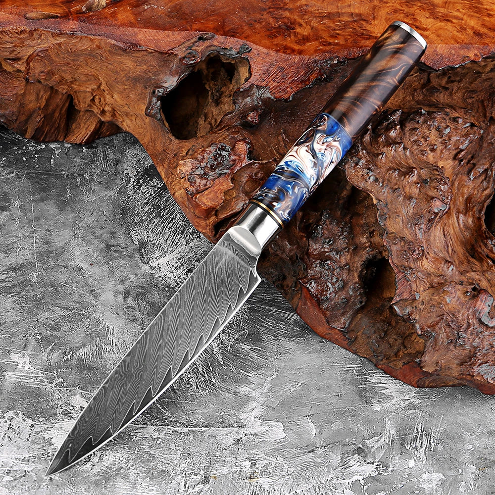 XITUO 5-Inch Damascus Steel Utility Knife – Sharp Resin Handle Damascus Kitchen Knife Axl