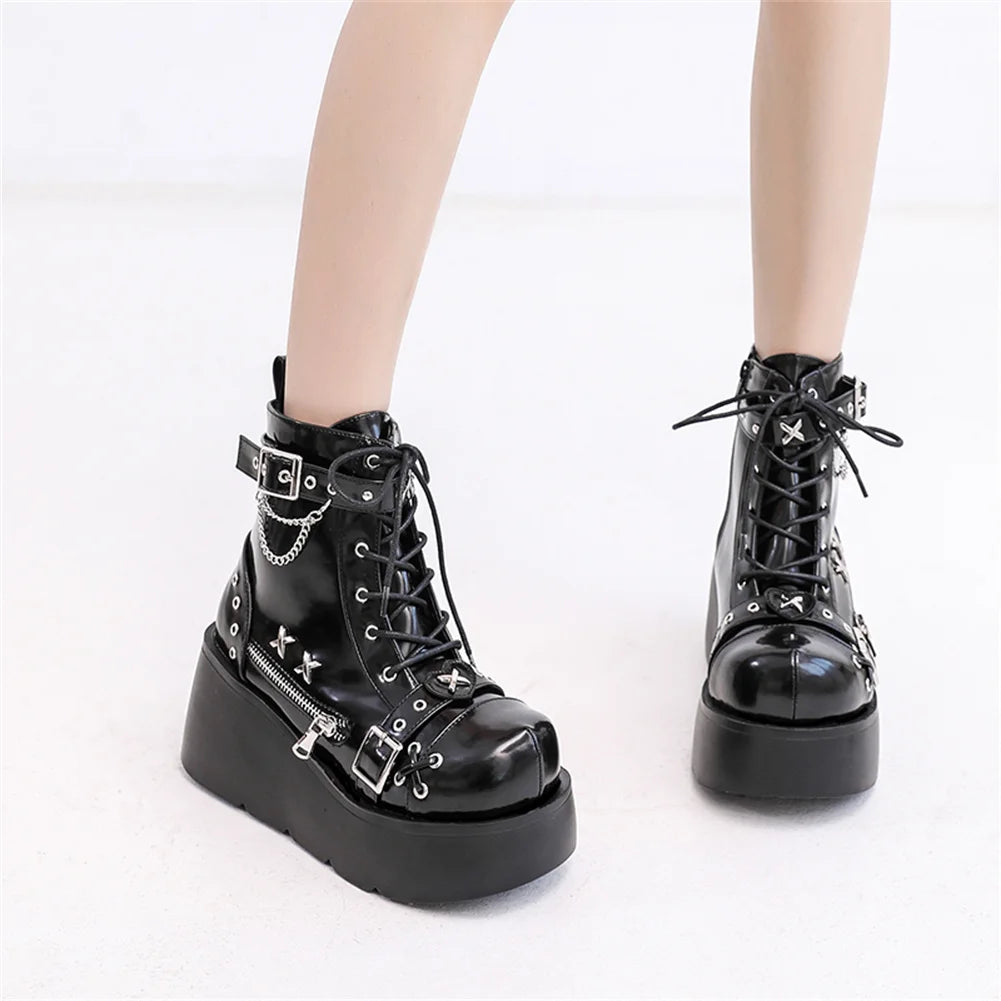 Women's Goth Platform Ankle Boots – Punk Wedge Buckle Zip Heels Platform Ankle Boots Axl