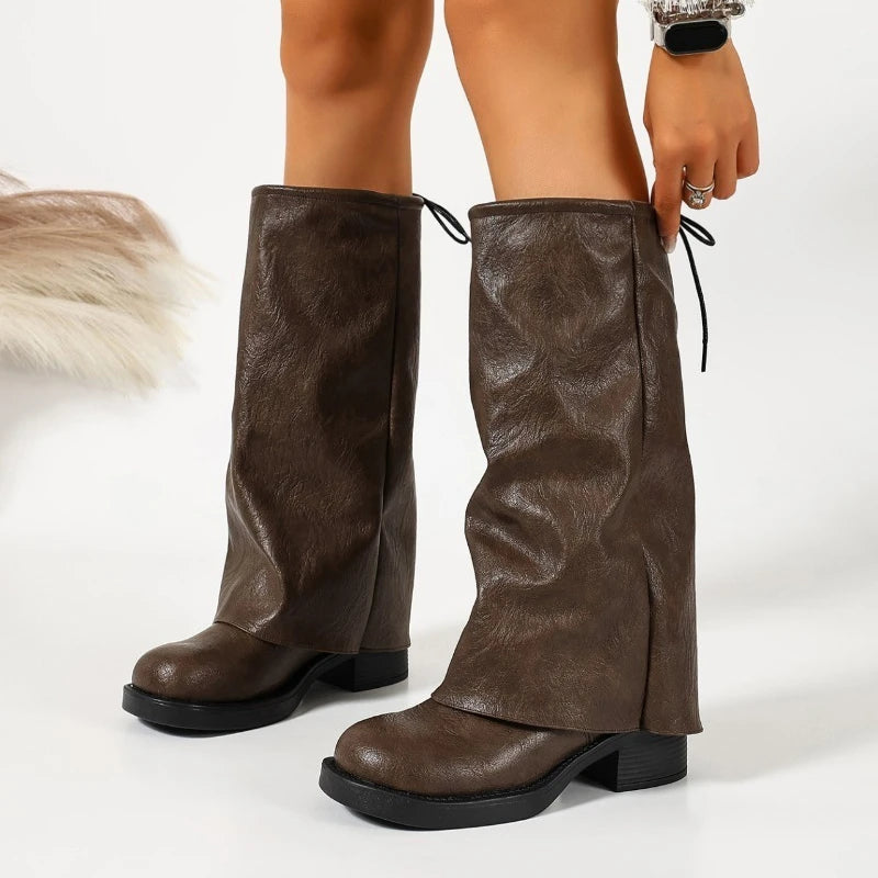 Women's Ruched Slouch Knee-High Boots | Block Heel Slip-On Knee-High Boots Axl 35 Brown