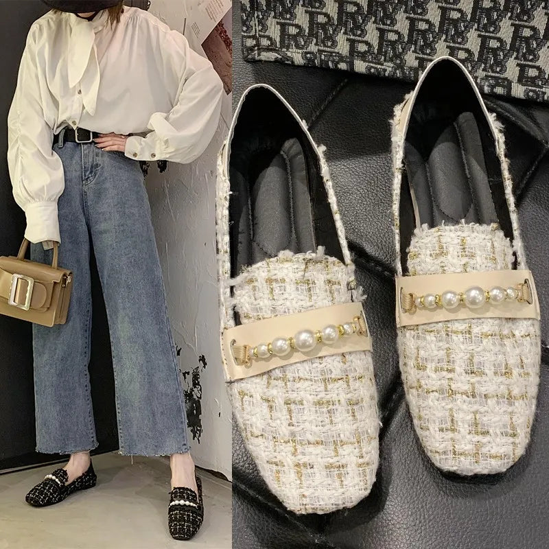 Women's Vintage Tweed Loafers | Pearl Chain Square Toe Flats Women's Flat Loafers Axl
