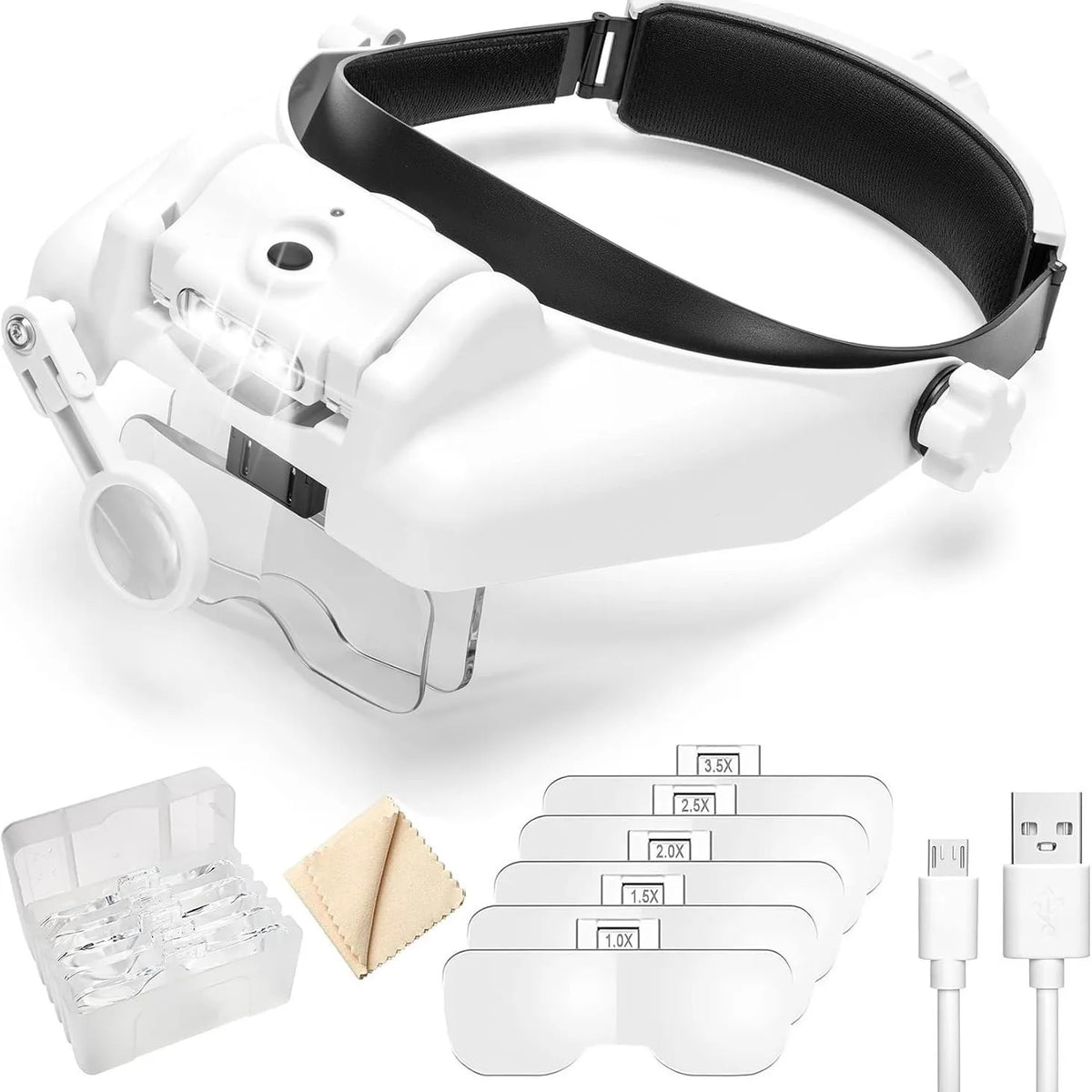 Head Magnifier with 3 LED Lights & USB Charging | Multi-Power Head Magnifier Loupe Axl WHITE
