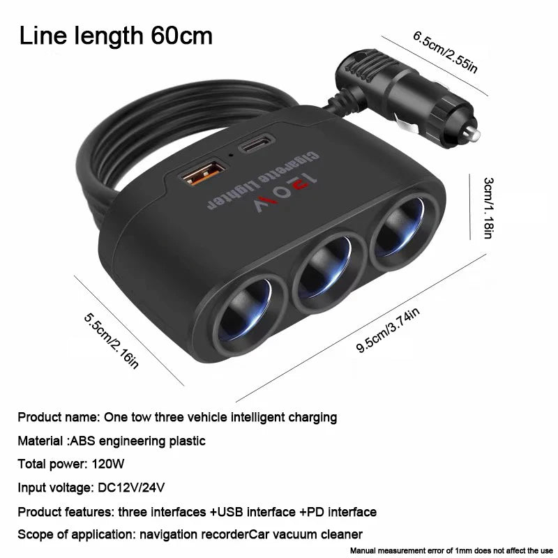 3-in-1 Car Cigarette Lighter Splitter 120W Dual USB Fast Charger Car Charger Splitter Axl