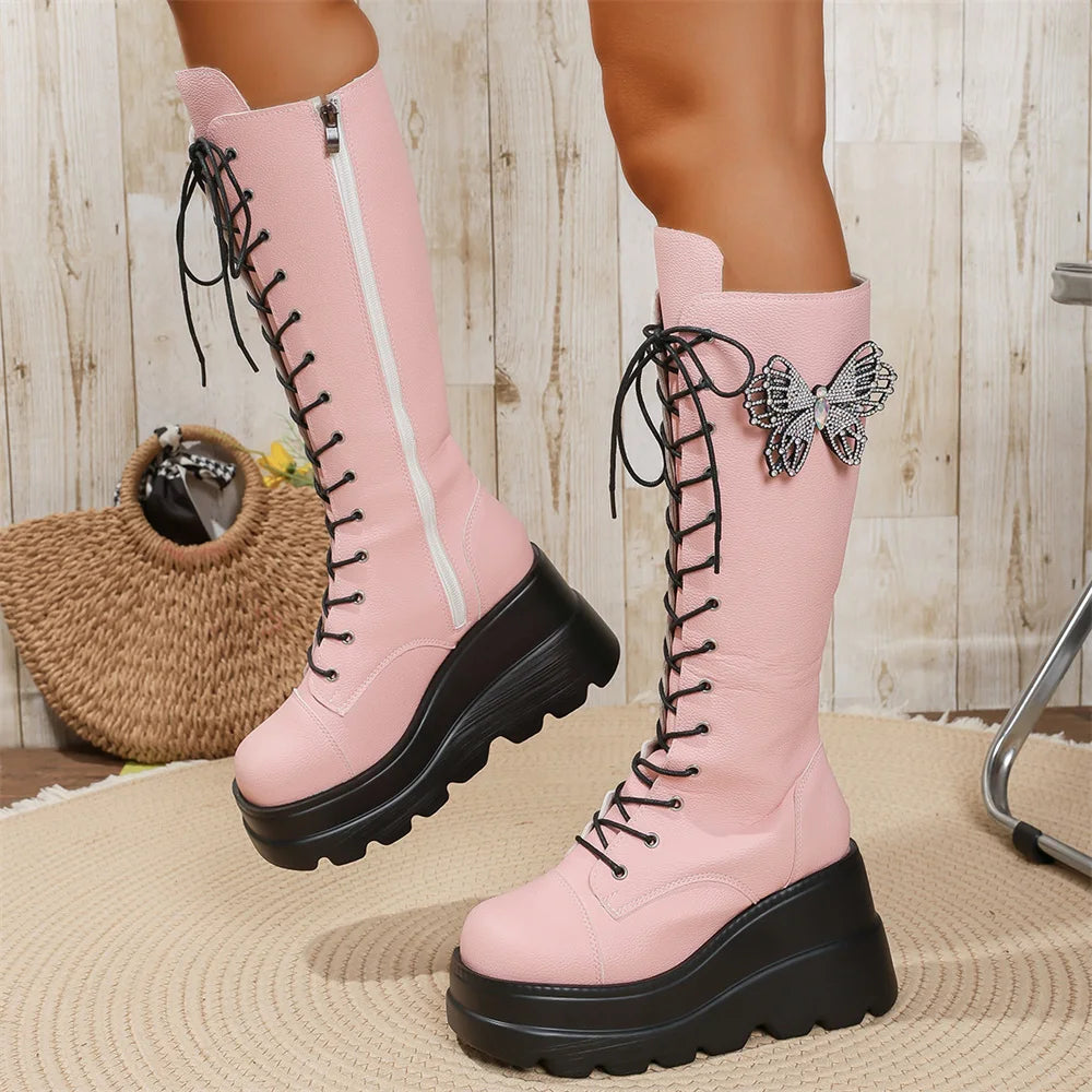 Y2K Pink Butterfly Knee-High Platform Wedge Boots Women Platform Wedge Boots Axl Pink 35