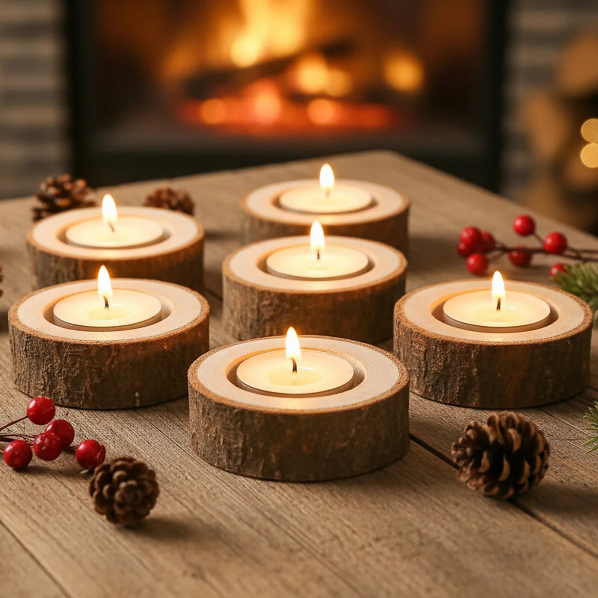 6-Pack Vintage Wooden Tealight Candle Holders – Rustic Décor Candle Holder Set Axl
