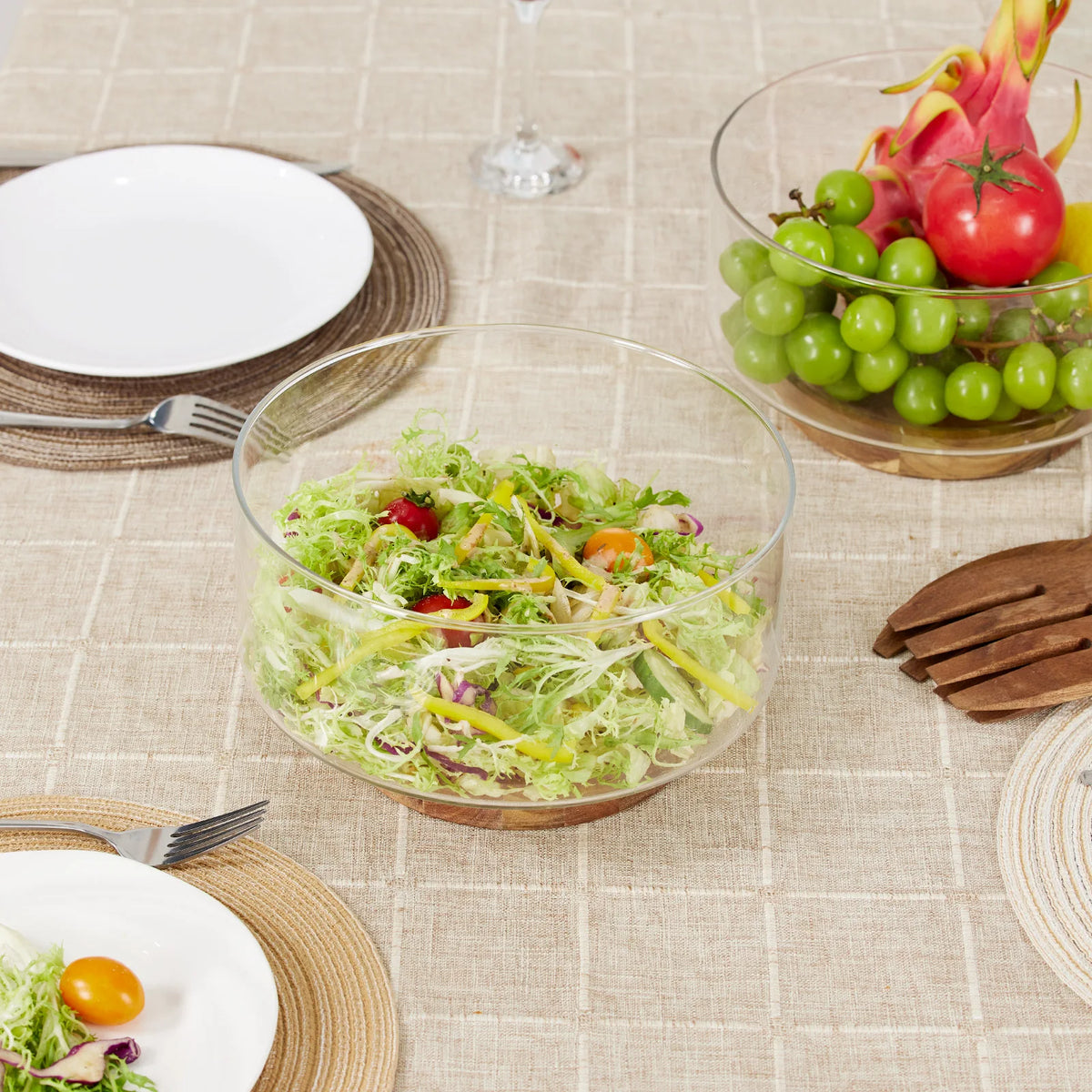 Glass Fruit Bowl with Wood Base – Large Salad & Snack Bowl Glass Serving Bowl Axl