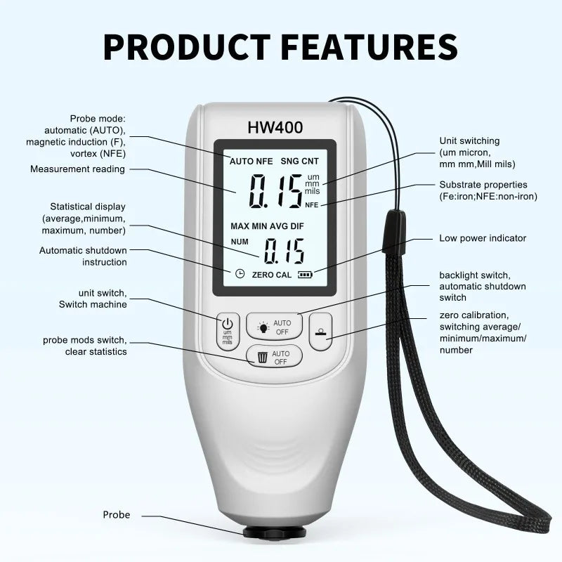HW400 Car Paint Coating Thickness Tester – Metal Gauge Thickness Gauge Axl