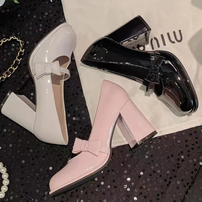 Pink Bow Mary Jane Platform Heels – Women's Square Toe Pumps Mary Jane Heels Axl