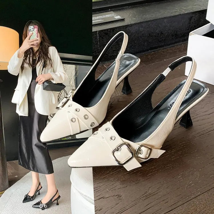 YBQJOO Women's Kitten Heel Sandals | Pointed Toe Buckle Strap Kitten Heel Sandals Axl
