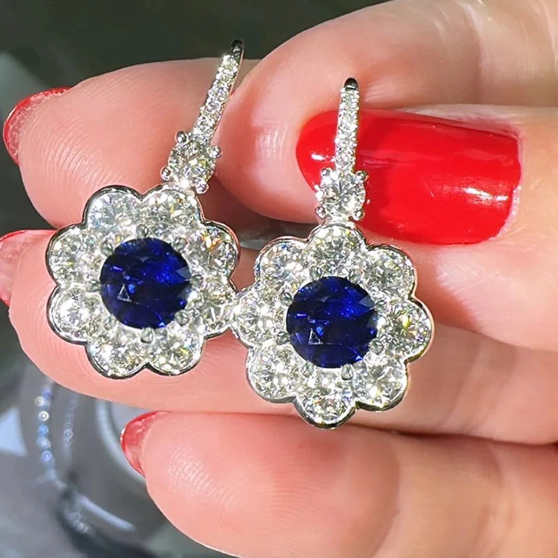 Huitan Flower Drop Earrings – Blue & White Cubic Zirconia Drop Earrings Axl