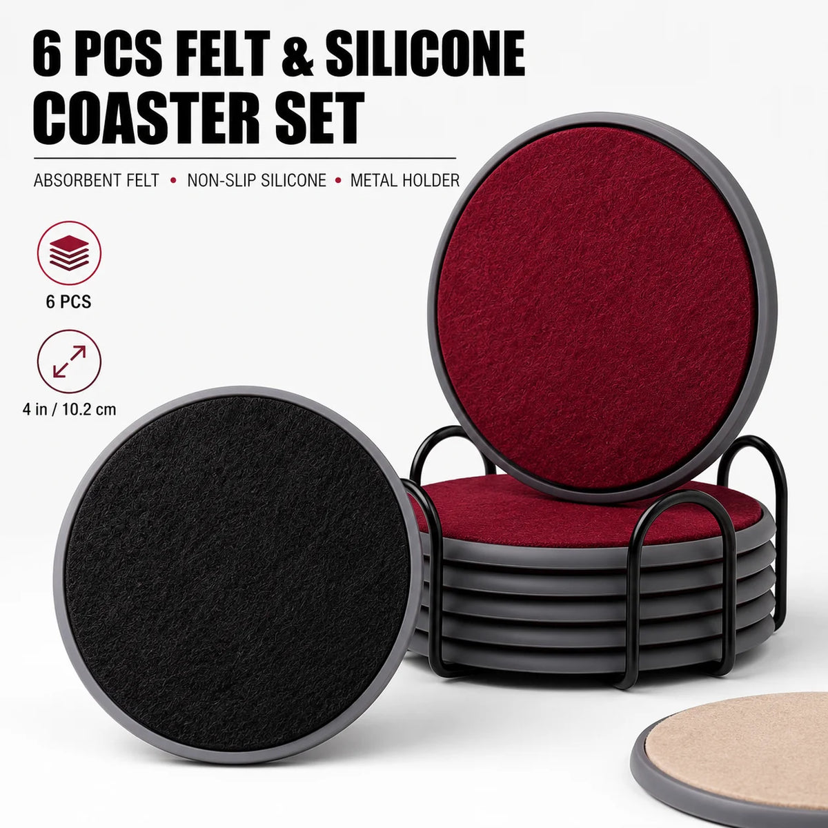 Felt & Silicone Drink Coasters Set of 6 with Metal Holder Drink Coaster Set Axl