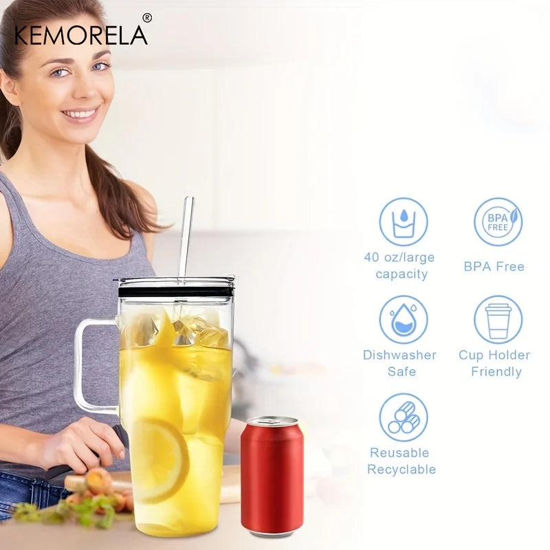 KEMORELA 40oz Glass Tumbler with Handle, Lid & Straw | 1–2 Pack Glass Tumbler Axl