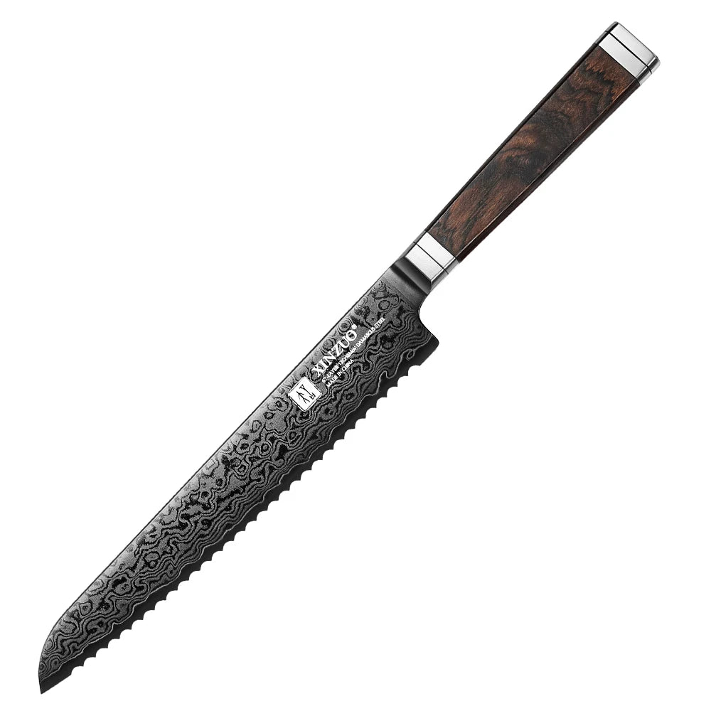 XINZUO Ji 8.46" 67-Layer Damascus Steel Bread Knife | Ebony Handle Damascus Bread Knife Axl Knife