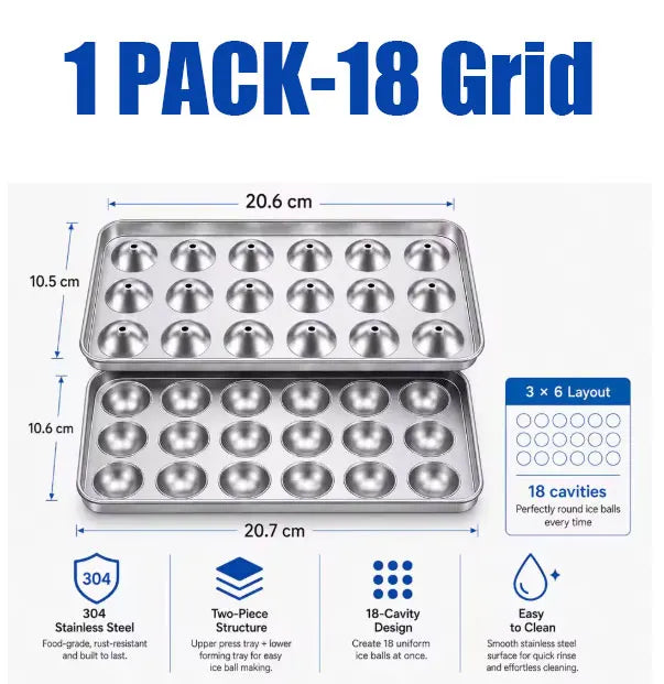 304 Stainless Steel Ice Sphere Maker – 18-Grid Round Ice Tray Ice Sphere Maker Axl 1 PACK -18 Grid