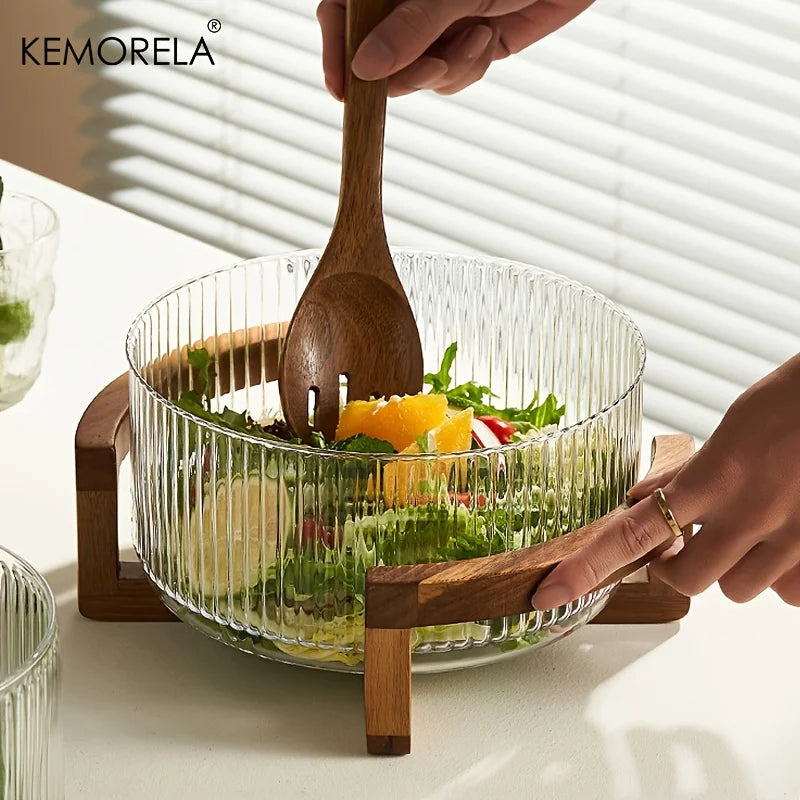 KEMORELA Striped Glass Bowl with Wooden Stand | Salad & Fruit Glass Serving Bowl Axl