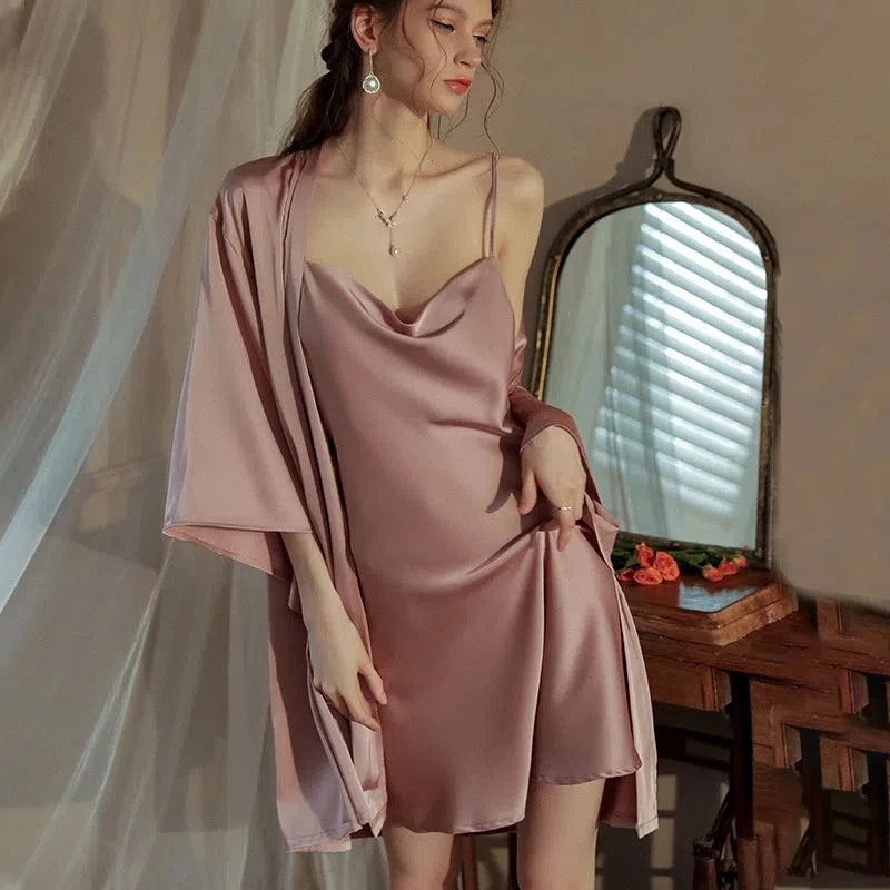 Satin Robe & Nightdress Set – 2-Piece Faux Silk Kimono Sleepwear Satin Robe Set Axl