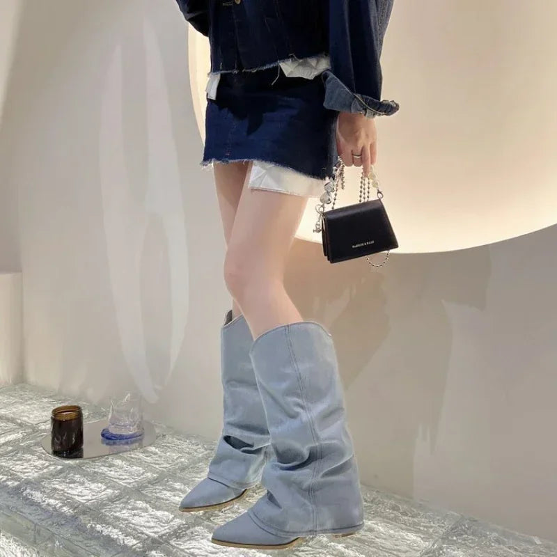 Pleated Blue Denim Chelsea Boots – Women's Square Heel Slip-On Women's Chelsea Boots Axl