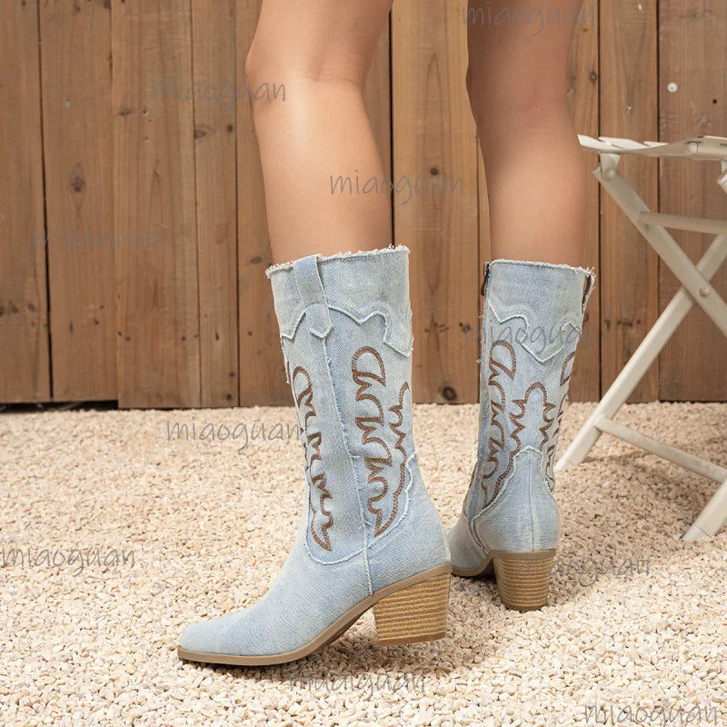 Women's Western Embroidered Mid-Calf Cowboy Boots – Plus Size Women's Cowboy Boots Axl