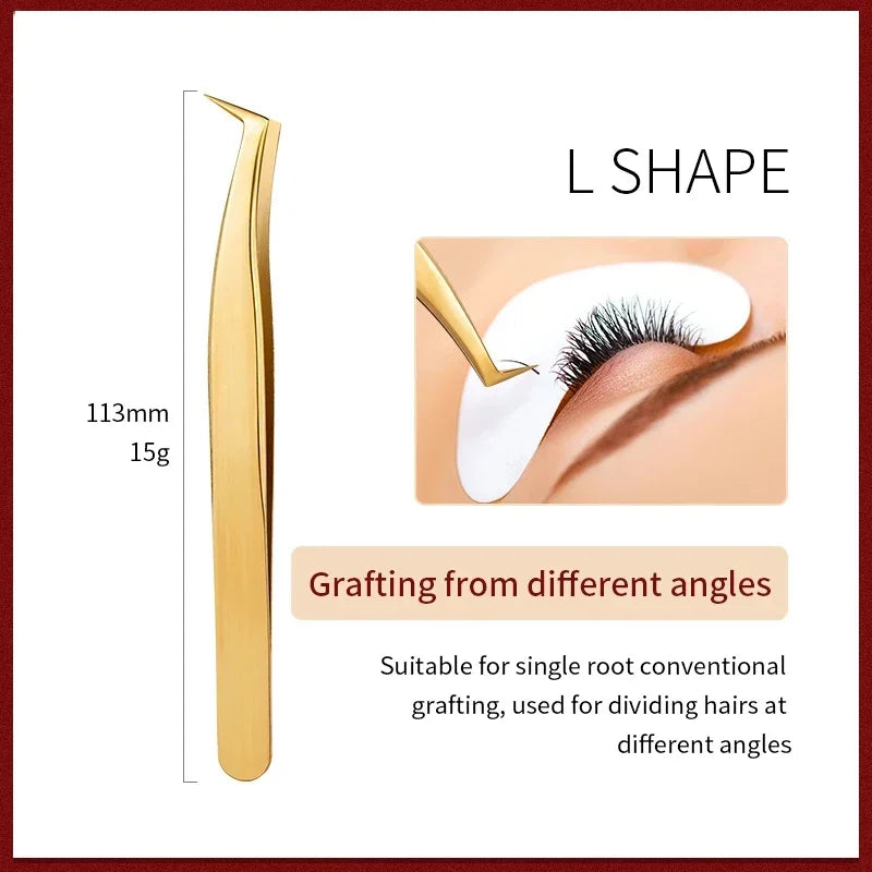 Precision 3D Lash Extension Tweezers – Stainless Steel Pro Clip Lash Extension Tweezers Axl Gold L Shape
