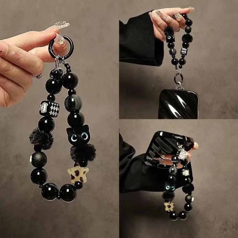 Luxury Black Fluffy Cat Phone Wrist Strap & Beaded Chain Phone Wrist Strap Axl