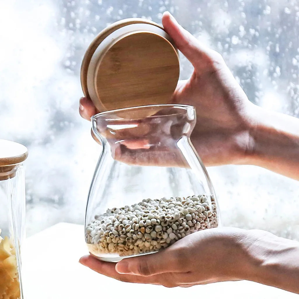 KEMORELA Glass Airtight Canister with Wood Lid | Kitchen Storage Glass Storage Canister Axl