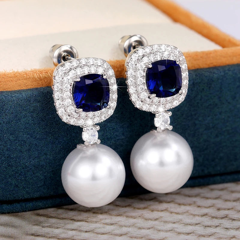 Huitan Bridal Pearl CZ Drop Earrings – Iced Out Silver Drop Earrings Axl E2195