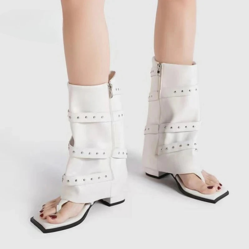 Women's Punk Ankle Boots | Square Toe High Heel Buckle Strap Punk Ankle Boots Axl White 39