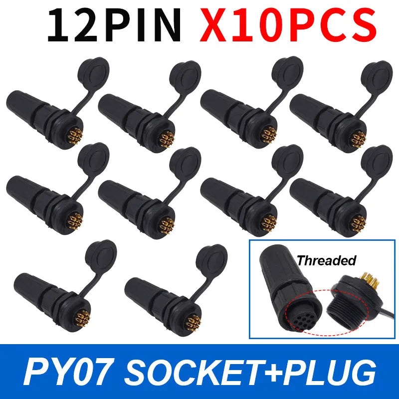 10-Pack IP67 Waterproof 24-Pin Connector Plug & Socket Set Waterproof Electrical Connector Axl 12P Threaded 10pcs