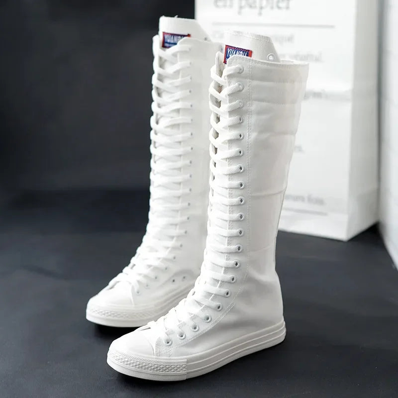 Women's Canvas Mid-Calf Lace-Up Flat Boots | Vulcanized Sneaker Canvas Mid-Calf Boots Axl White 37