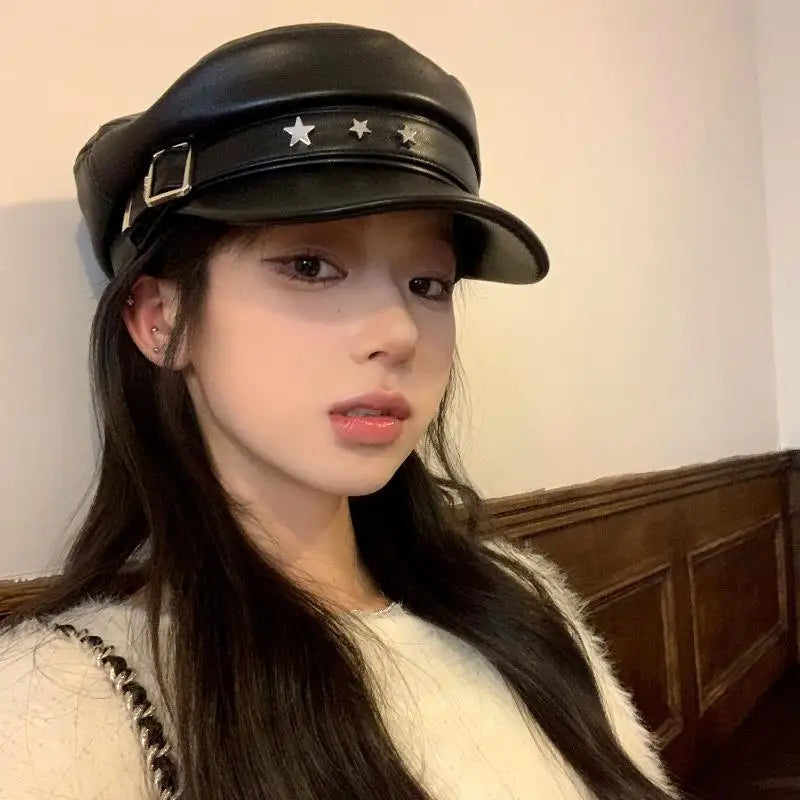 Vintage Rivet Beret – Y2K Gothic Faux Leather Flat Cap Women Faux Leather Beret Axl A3