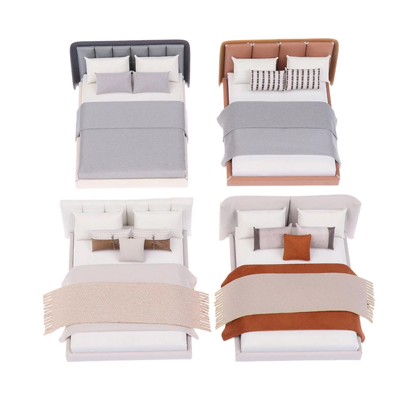 Dollhouse Miniature Cream Double Bed | 1:20 Scale Furniture Model Dollhouse Furniture Axl 1pc random