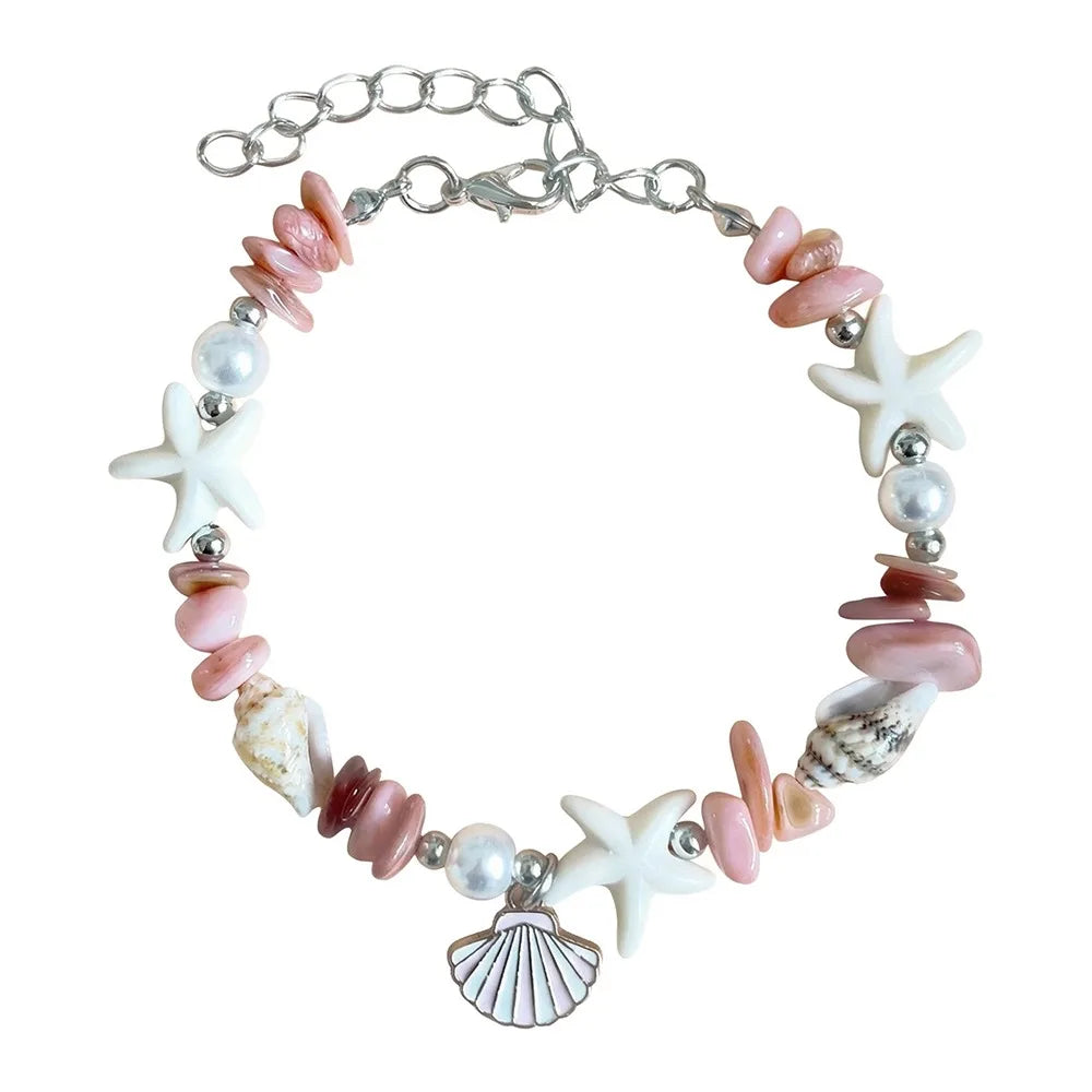 Shell Starfish Pearl Bracelet – Adjustable Beach Bangle for Women Shell Beaded Bracelet Axl Pink