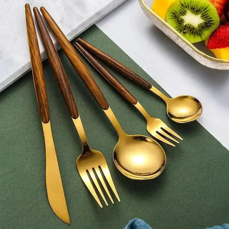 5-Piece Gold Cutlery Set – Wooden Handle Stainless Steel Cutlery Flatware Set Axl
