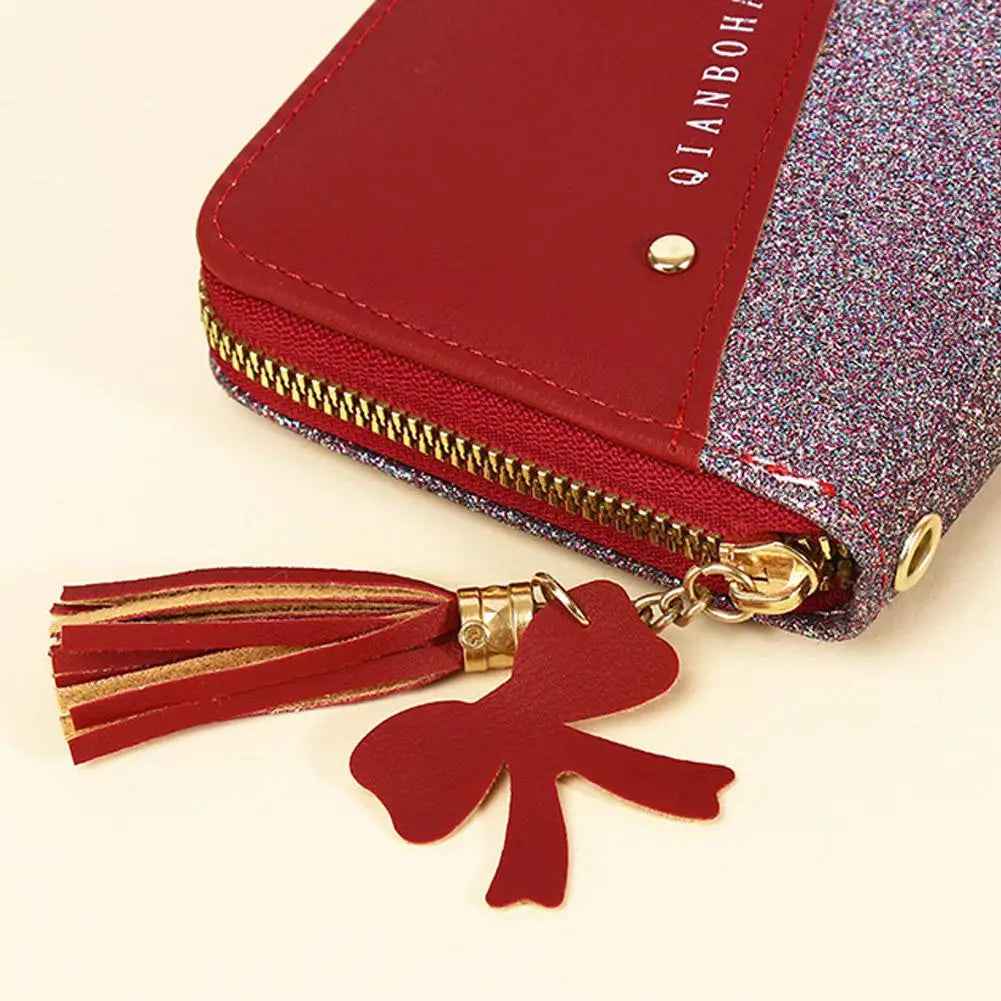 Women's Glitter PU Leather Wallet – Tassel Zipper Clutch Purse Women's Clutch Wallet Axl