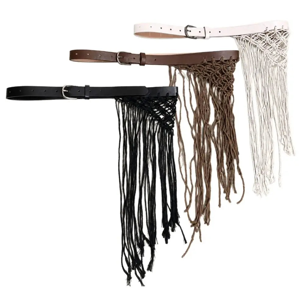 Y2K Tassel Woven Belt – Boho Knit Rope Waistband for Jeans Woven Tassel Belt Axl