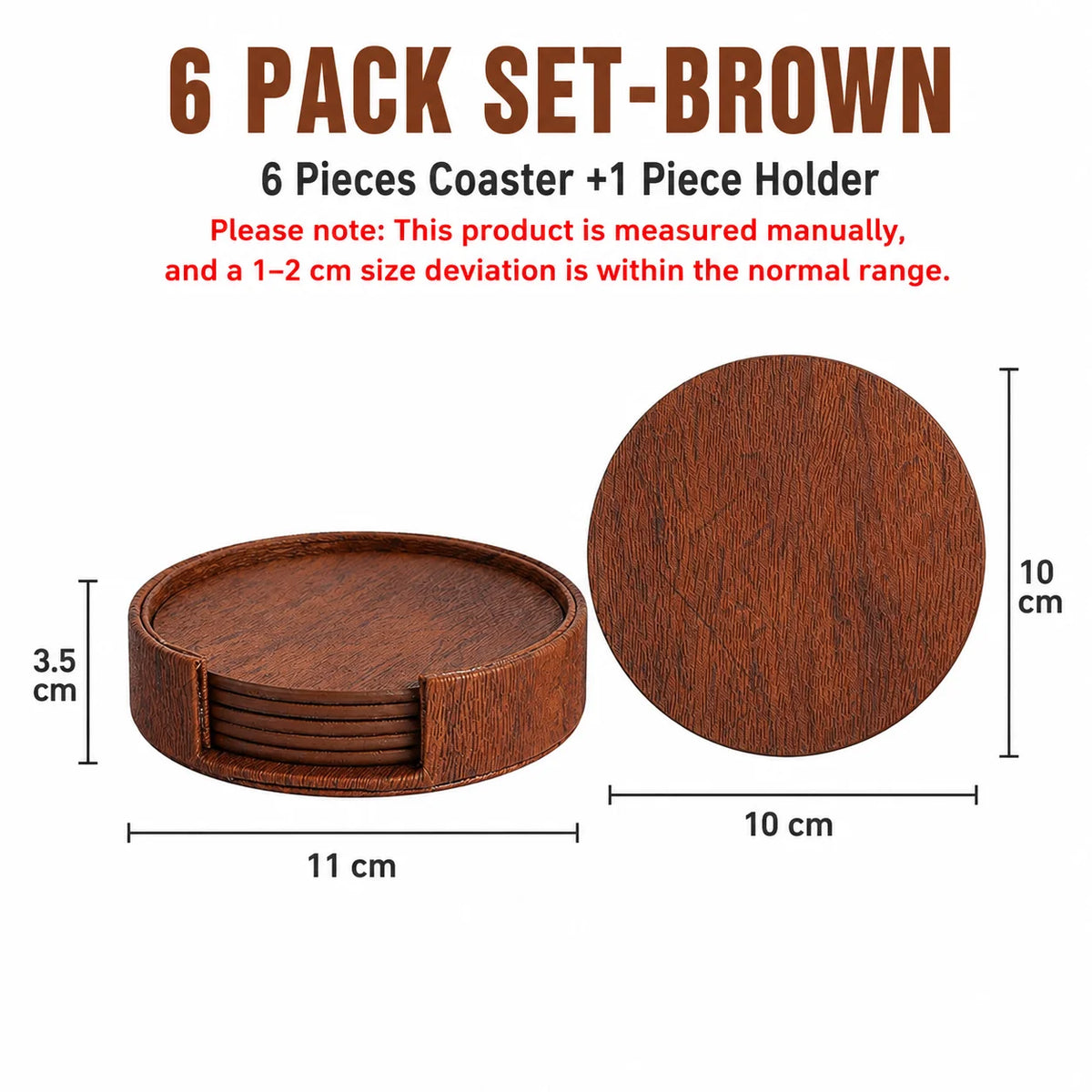 Leather Coasters Set of 6 – Wood Grain Drink Coasters with Holder Drink Coaster Set Axl 6 PACK Set-Brown