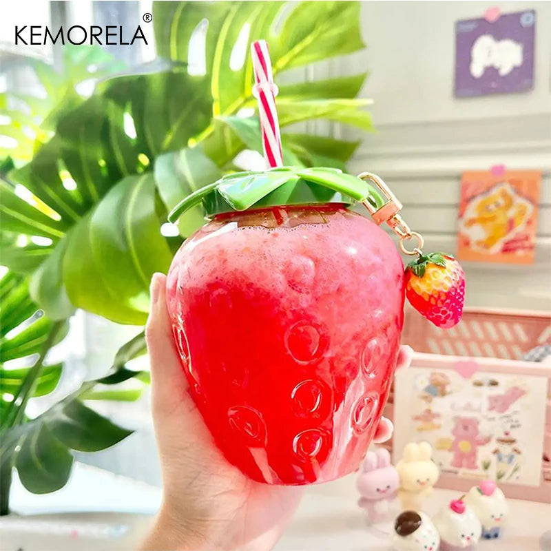 KEMORELA Strawberry Straw Water Bottle – Cute Clear Plastic Cup Straw Water Bottle Axl