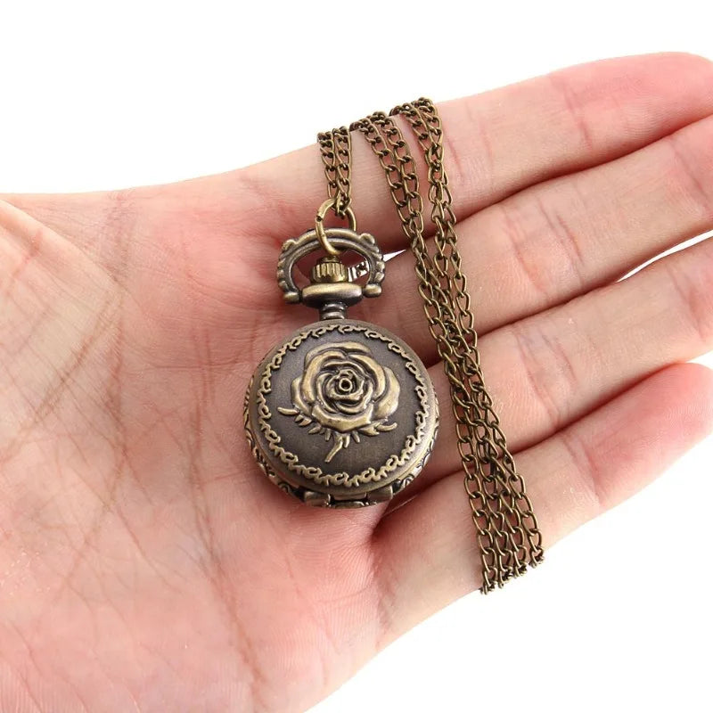 Vintage Bronze Rose Quartz Pocket Watch with Chain Pocket Watch Axl