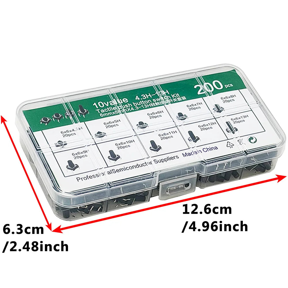 200PCS 6x6mm Micro Tactile Push Button Switch Kit – 10 Types Tactile Switch Kit Axl