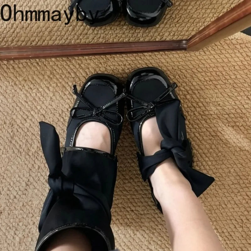 Satin Bow Ankle Strap Women's Flat Sandal Boots | Lolita Style Flat Sandal Boots Axl