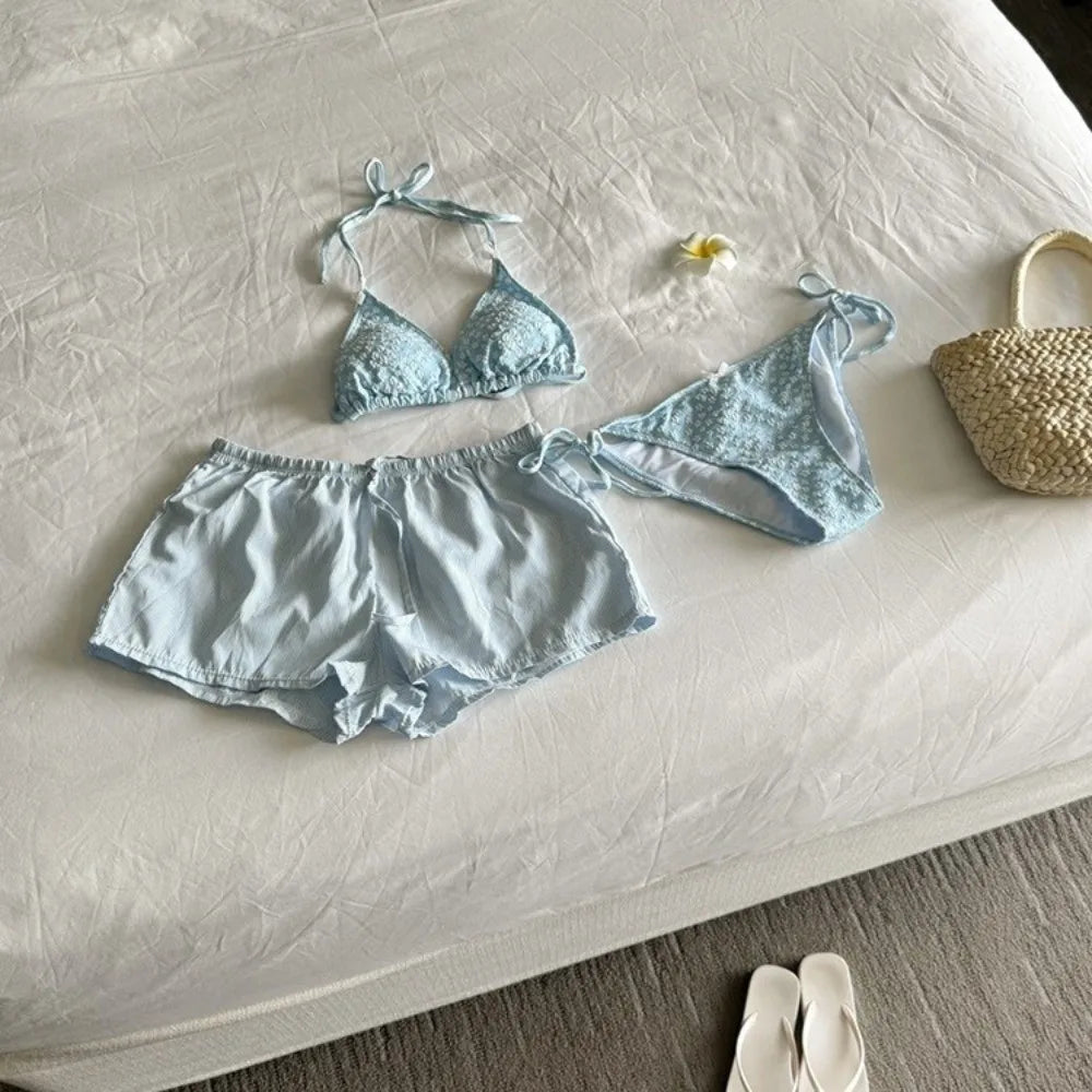 4-Piece Women's Lace-Up Bikini Set with Mesh Beach Cover-Up Women's Swimwear Set Axl