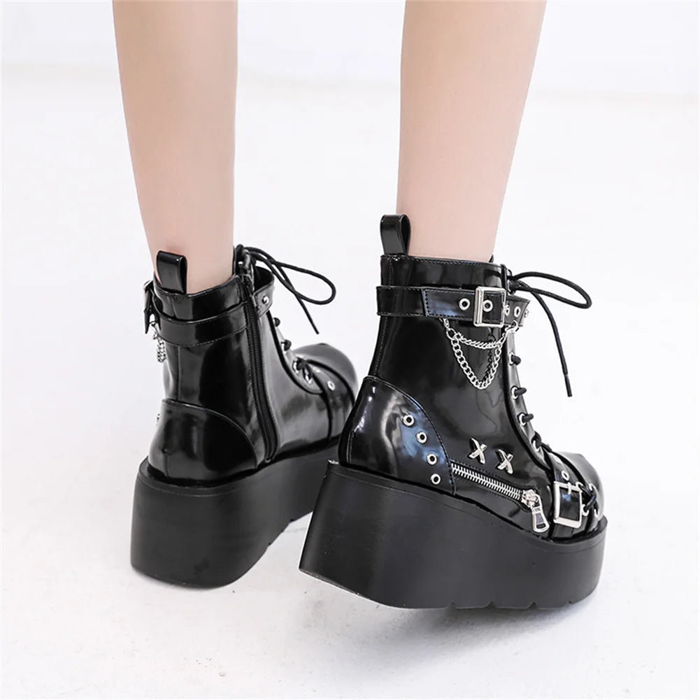 Women's Goth Platform Ankle Boots – Punk Wedge Buckle Zip Heels Platform Ankle Boots Axl