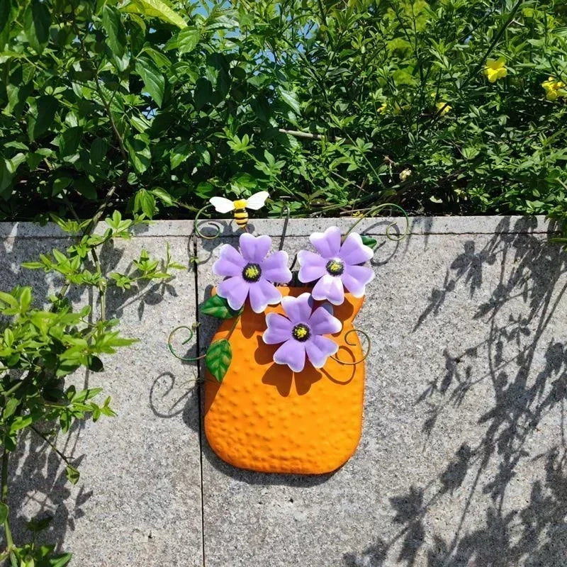 Metal Flower Wall Vases – Outdoor Fence & Patio Garden Decor Garden Wall Vase Axl Orange