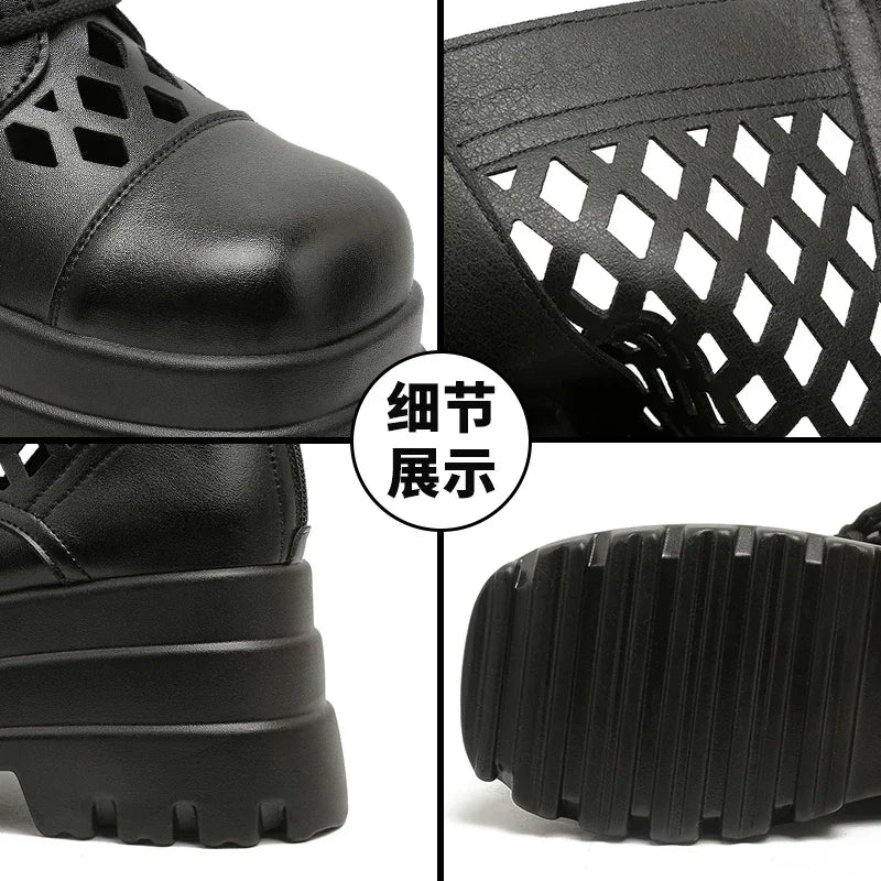 Women's Ankle Platform Wedge Boots – Lace-Up Openwork Style Platform Wedge Boots Axl