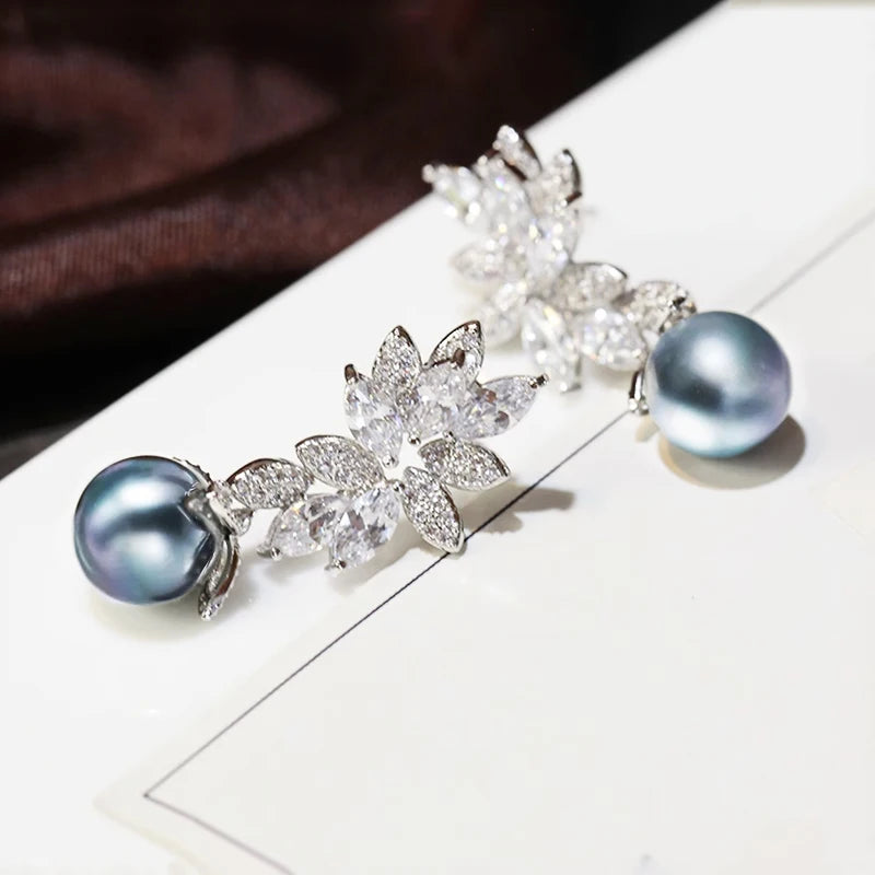 Huitan CZ Pearl Leaf Dangle Earrings | Colorful Statement Jewelry Dangle Earrings Axl