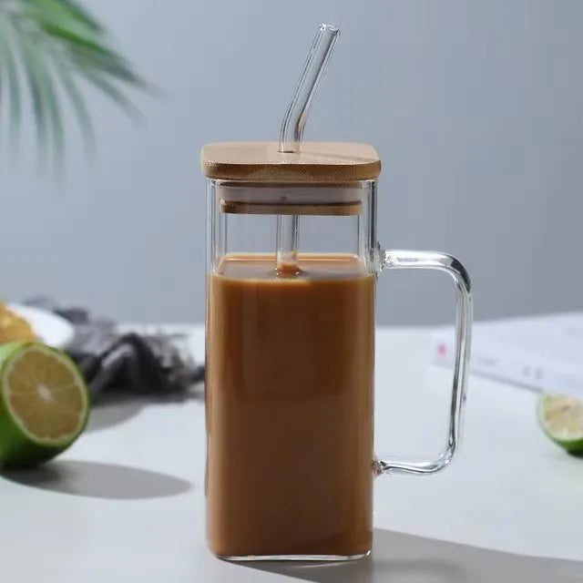 400ml Square Glass Mug with Lid & Straw | Microwave Safe Glass Mug Axl Transparent 400ml